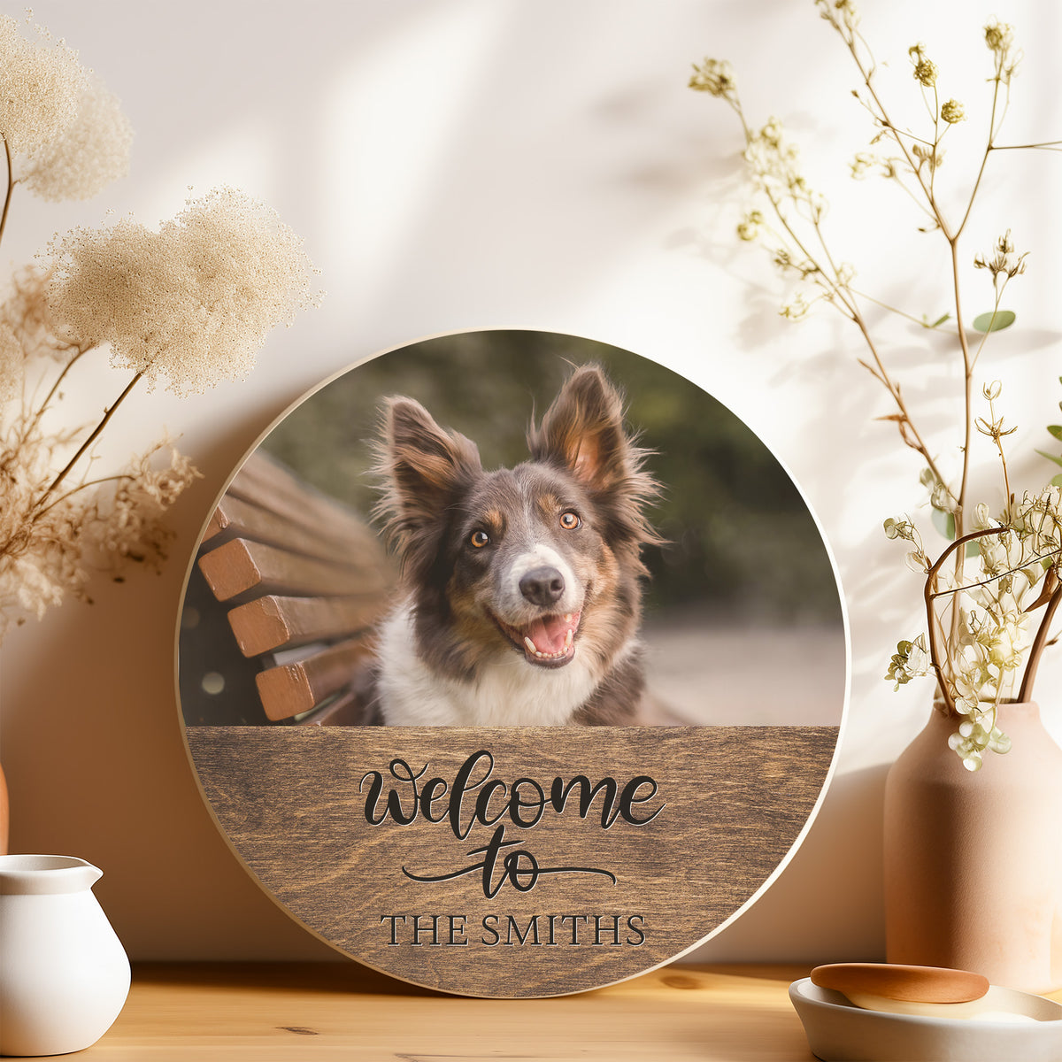 Personalized Pet Portrait Print Round Wood Sign PoochPrints